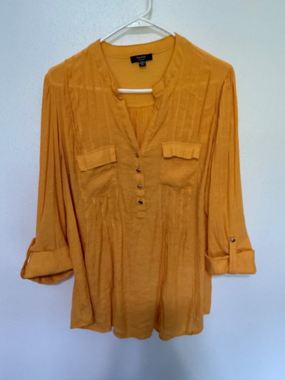 Cocomo Gauze Top Golden Yellow Roll Tab Sleeves V Neck Pleats Womans 2X